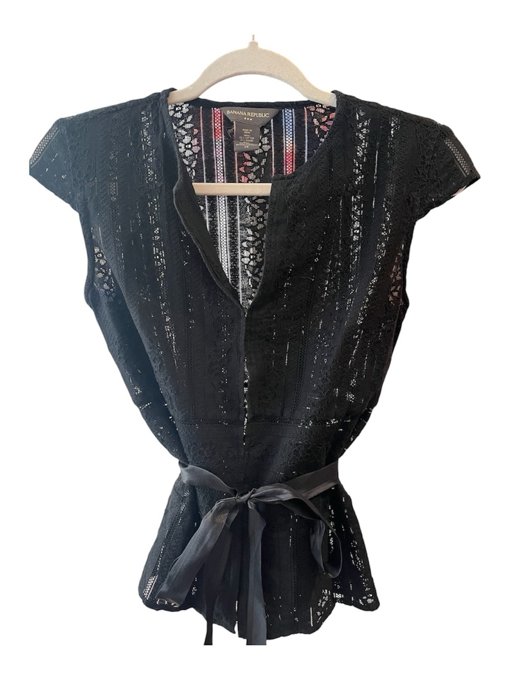 Banana Republic Black Lace Tie-Waist Cap Sleeve Blouse